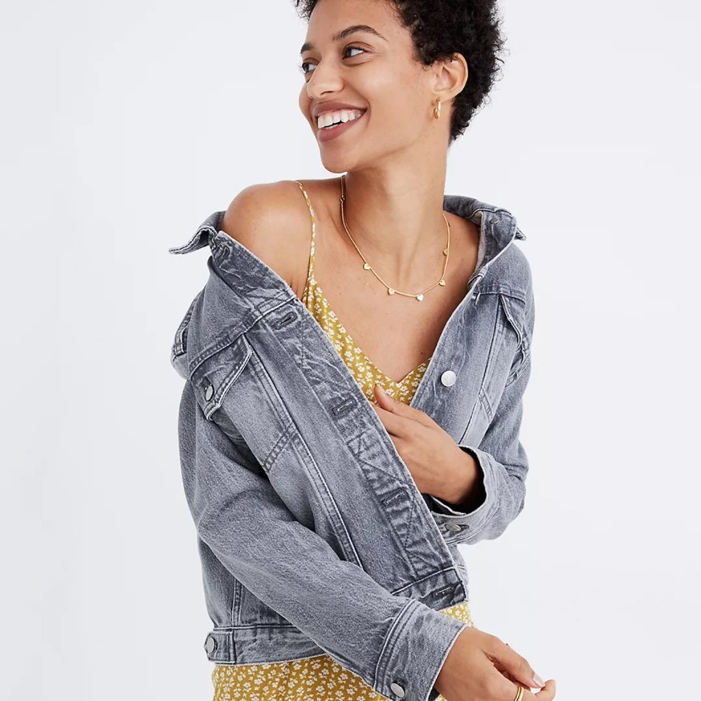 Madewell The Boxy Fit Crop Denim Jean Jacket Pale Gray Med